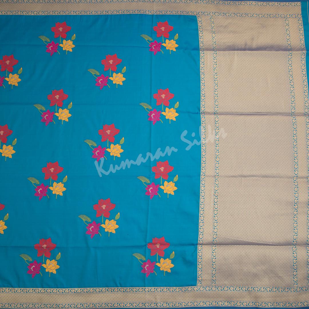 Semi Banaras Peacock Blue Thread Embossed Saree With Floral Design - Kumaran Silks