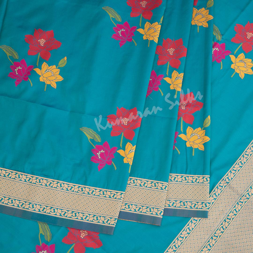 Semi Banaras Peacock Blue Thread Embossed Saree With Floral Design - Kumaran Silks