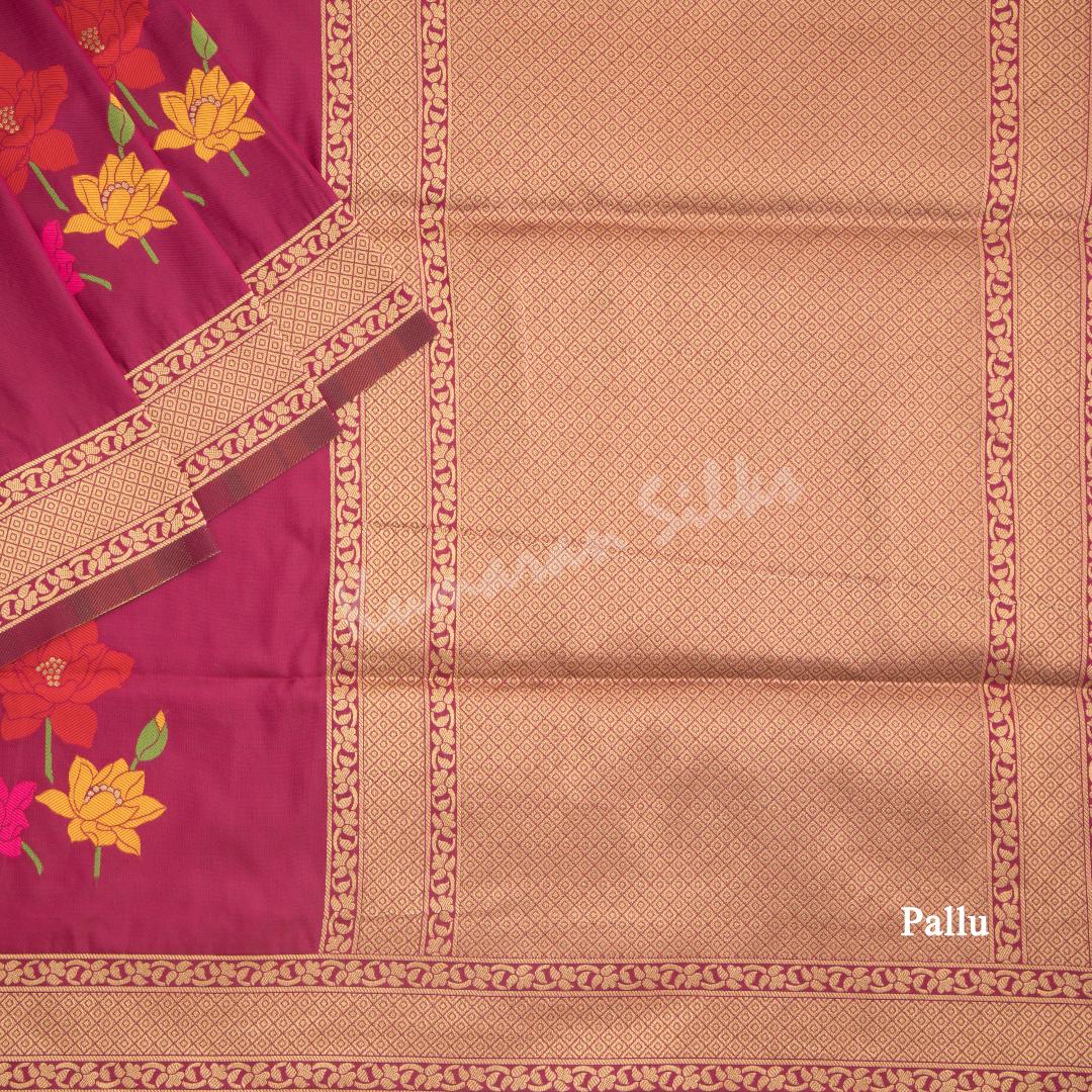 Semi Banaras Dark Pink Thread Embossed Saree With Floral Design