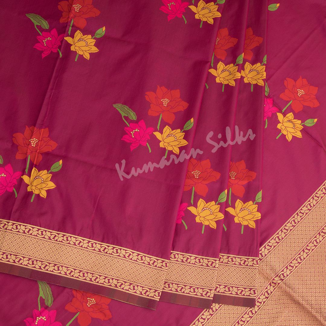 Semi Banaras Dark Pink Thread Embossed Saree With Floral Design