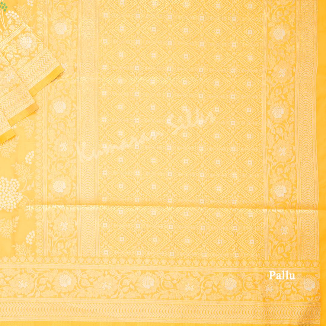 Semi Banaras Yellow Zari Worked Saree With Floral Design