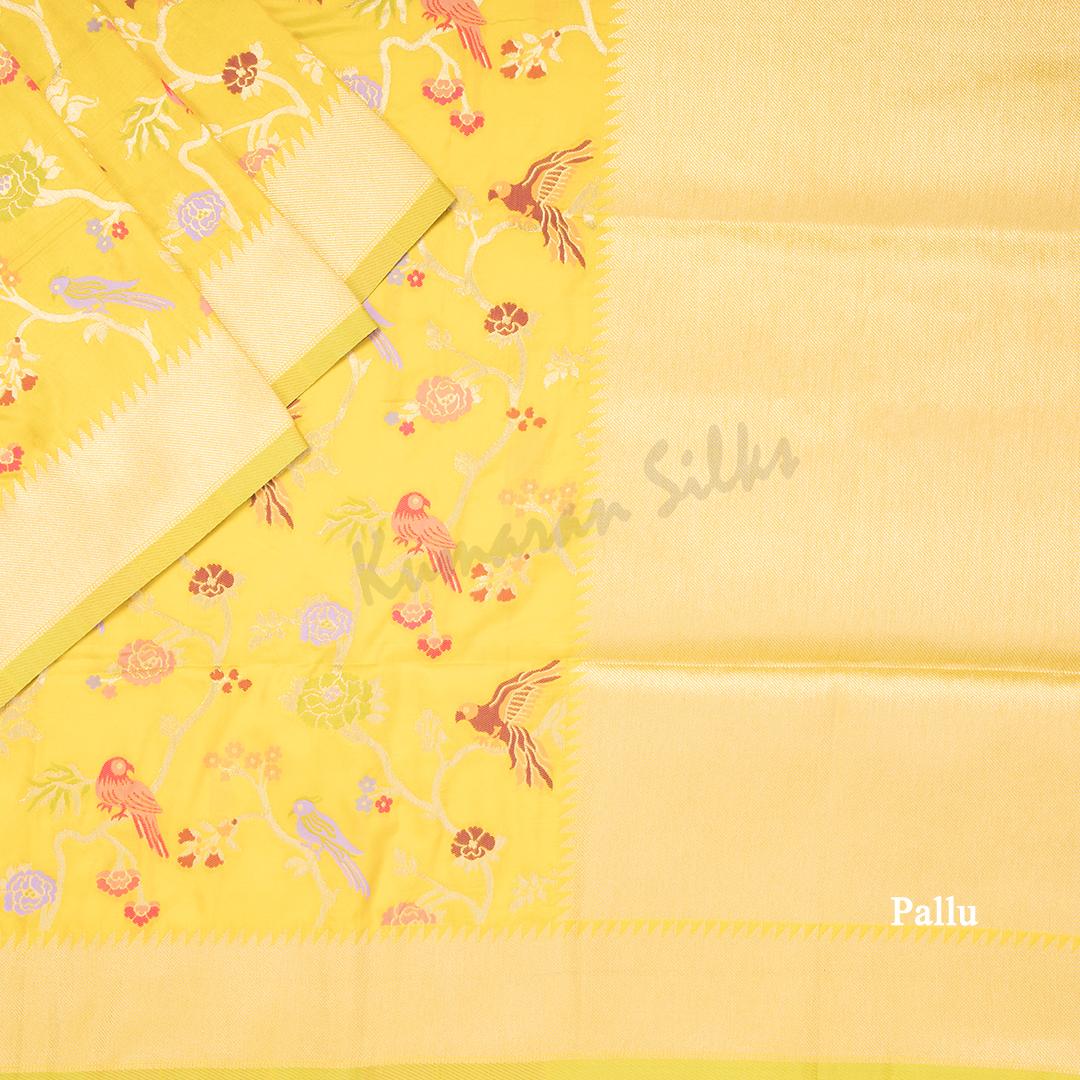 Semi Banaras Mustard Zari Worked Saree And Branches With Birds Design - Kumaran Silks