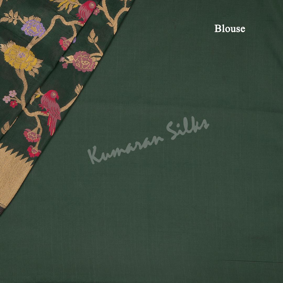 Semi Banaras Dark Green Zari Worked Saree And Branches With Birds Design - Kumaran Silks