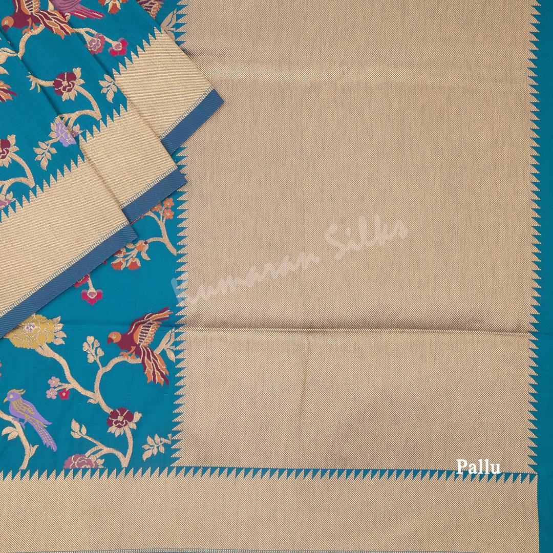 Semi Banaras Peacock Blue Zari Worked Saree And Branches With Birds Design - Kumaran Silks