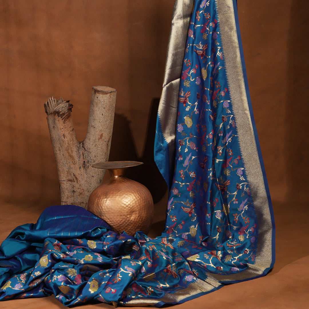 Semi Banaras Peacock Blue Zari Worked Saree And Branches With Birds Design