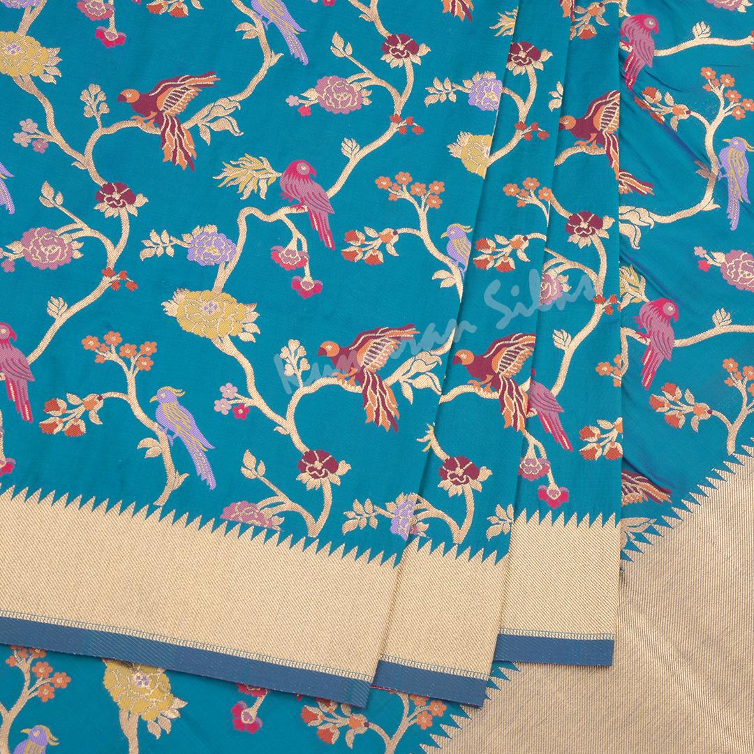 Semi Banaras Peacock Blue Zari Worked Saree And Branches With Birds Design - Kumaran Silks