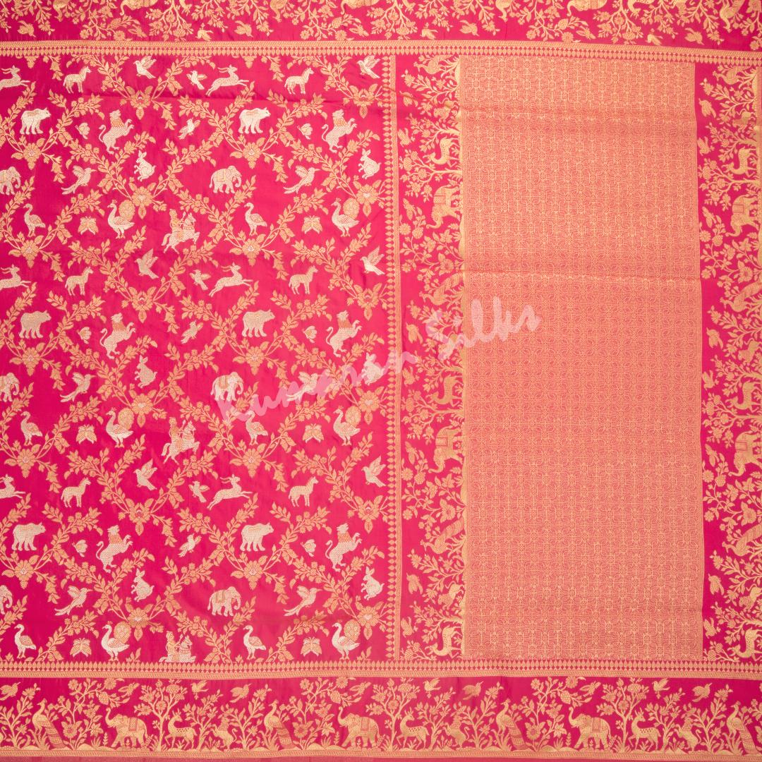 Semi Banaras Hot Pink Zari Worked Saree With Birds And Animal Design - Kumaran Silks