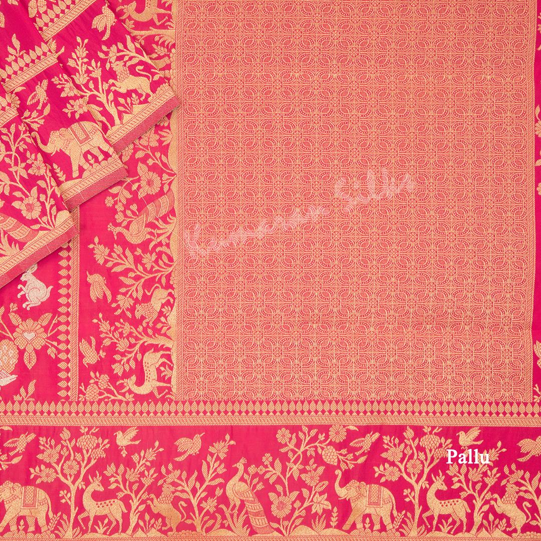 Semi Banaras Hot Pink Zari Worked Saree With Birds And Animal Design - Kumaran Silks