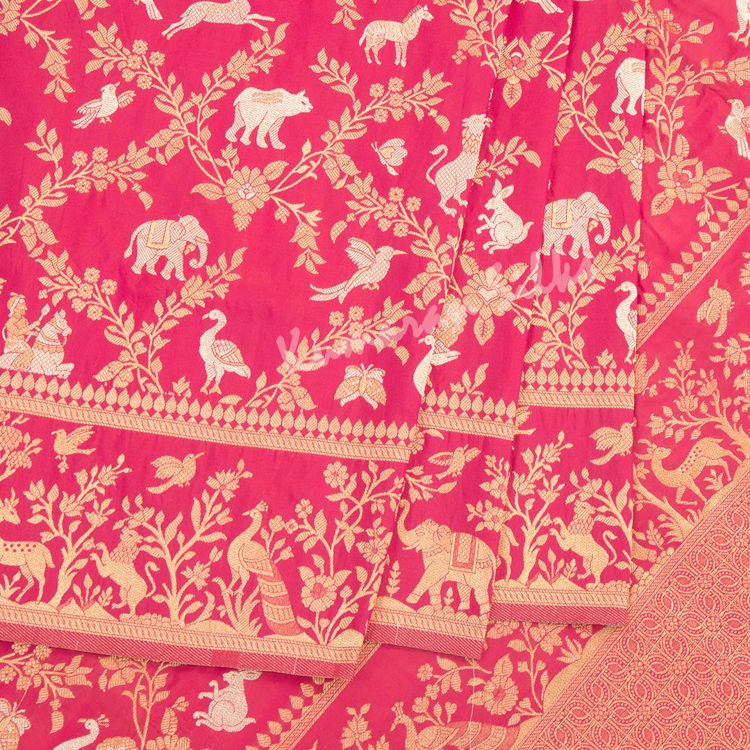 Semi Banaras Hot Pink Zari Worked Saree With Birds And Animal Design - Kumaran Silks