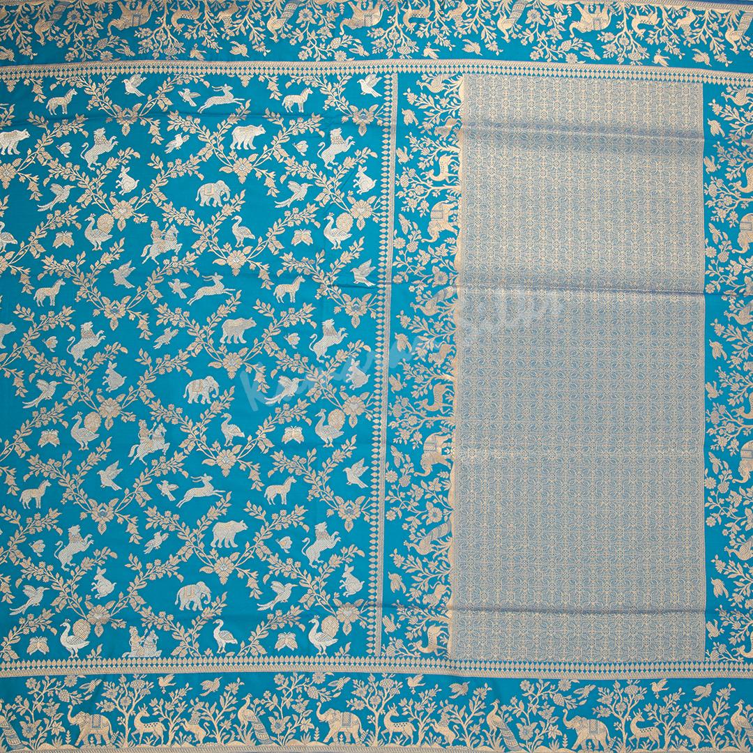 Semi Banaras Peacock Blue Zari Worked Saree With Birds And Animal Design - Kumaran Silks