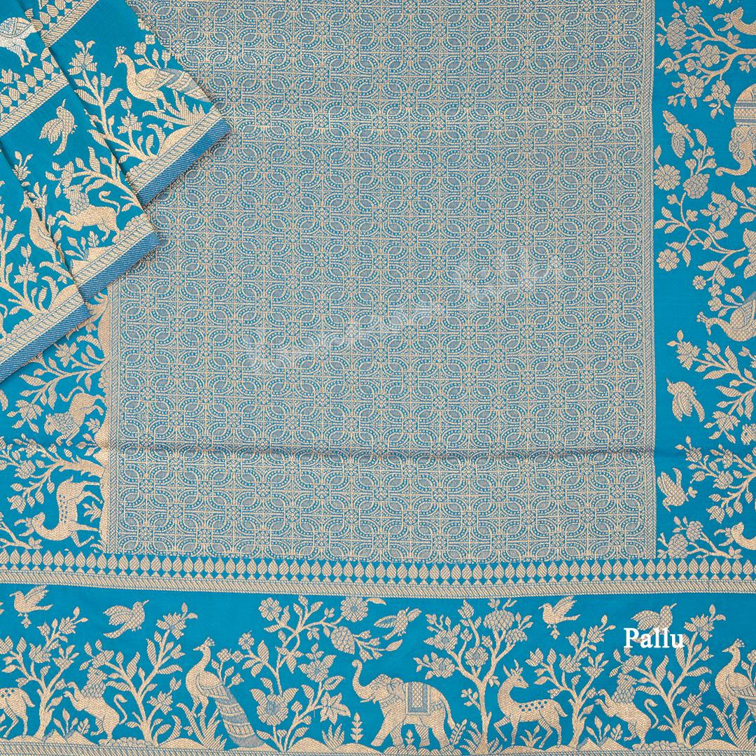 Semi Banaras Peacock Blue Zari Worked Saree With Birds And Animal Design - Kumaran Silks