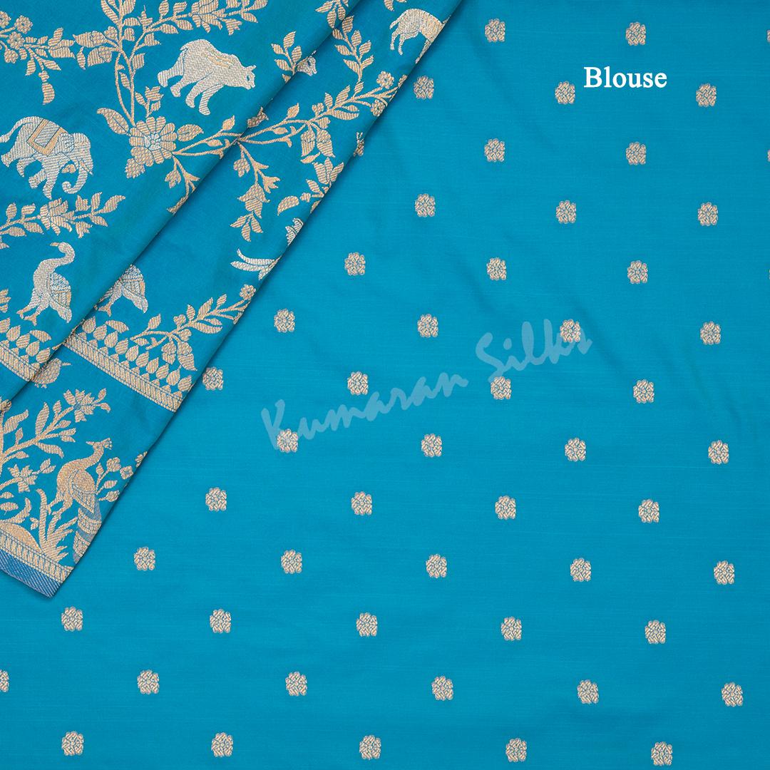 Semi Banaras Peacock Blue Zari Worked Saree With Birds And Animal Design - Kumaran Silks