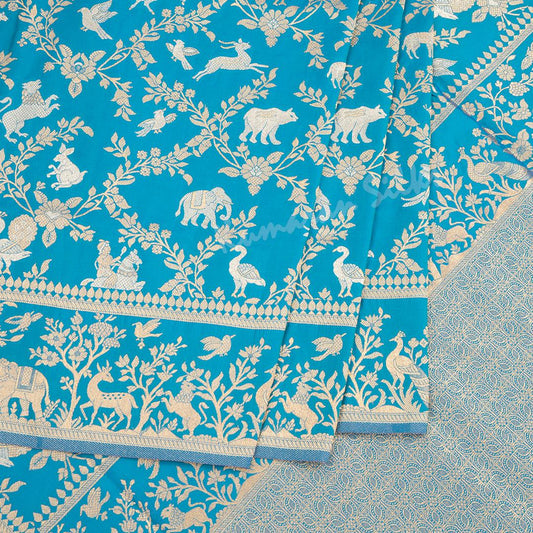 Semi Banaras Peacock Blue Zari Worked Saree With Birds And Animal Design - Kumaran Silks