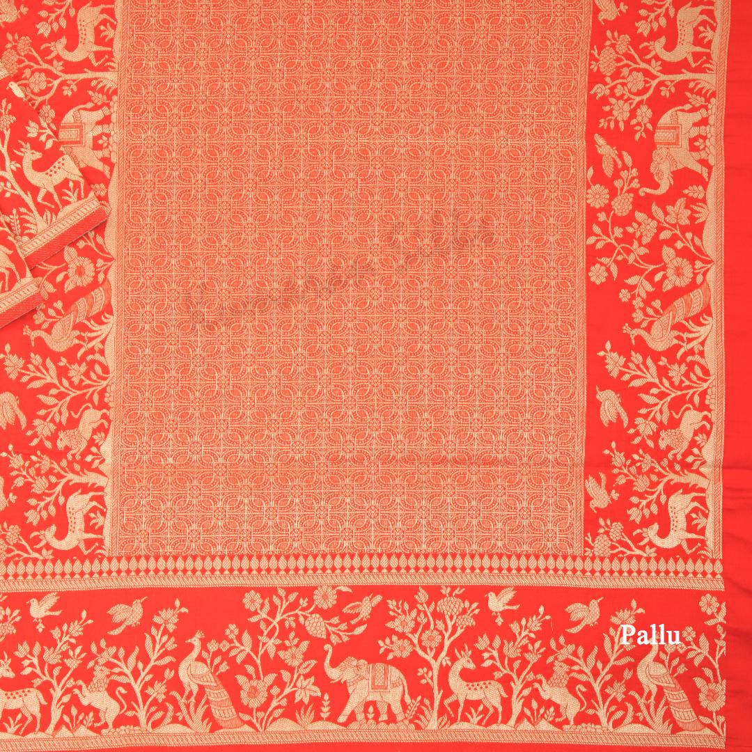 Semi Banaras Red Zari Worked Saree With Birds And Animal Design - Kumaran Silks