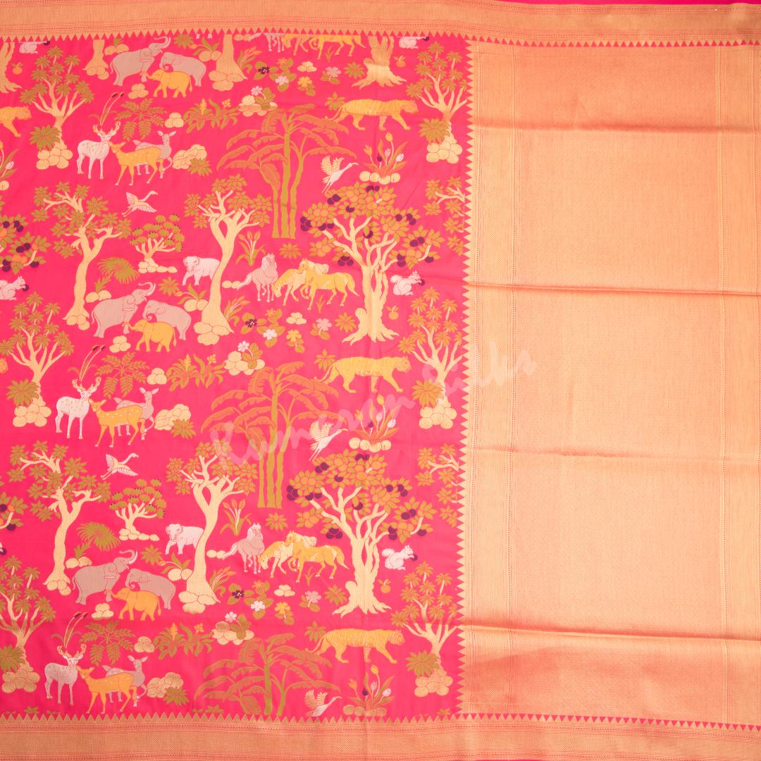 Semi Banaras Rose Pink Zari Worked Saree With Forest Design - Kumaran Silks