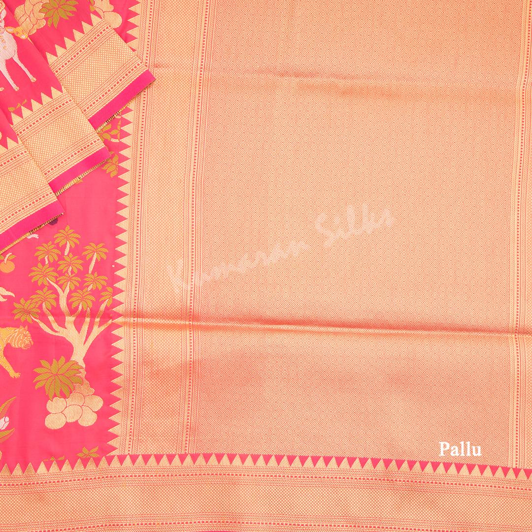 Semi Banaras Rose Pink Zari Worked Saree With Forest Design - Kumaran Silks