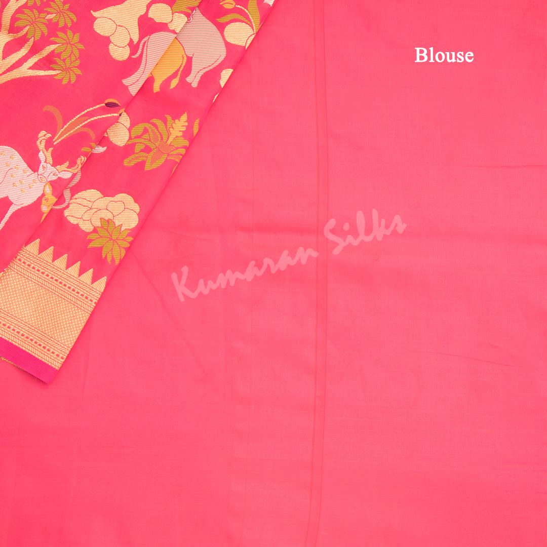 Semi Banaras Rose Pink Zari Worked Saree With Forest Design - Kumaran Silks