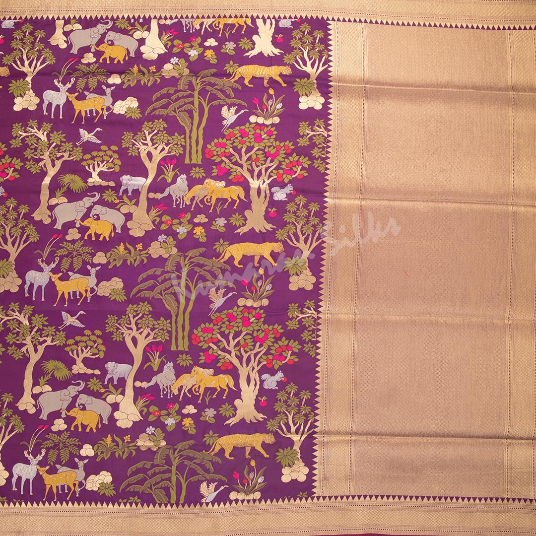 Semi Banaras Purple Zari Worked Saree With Forest Design - Kumaran Silks