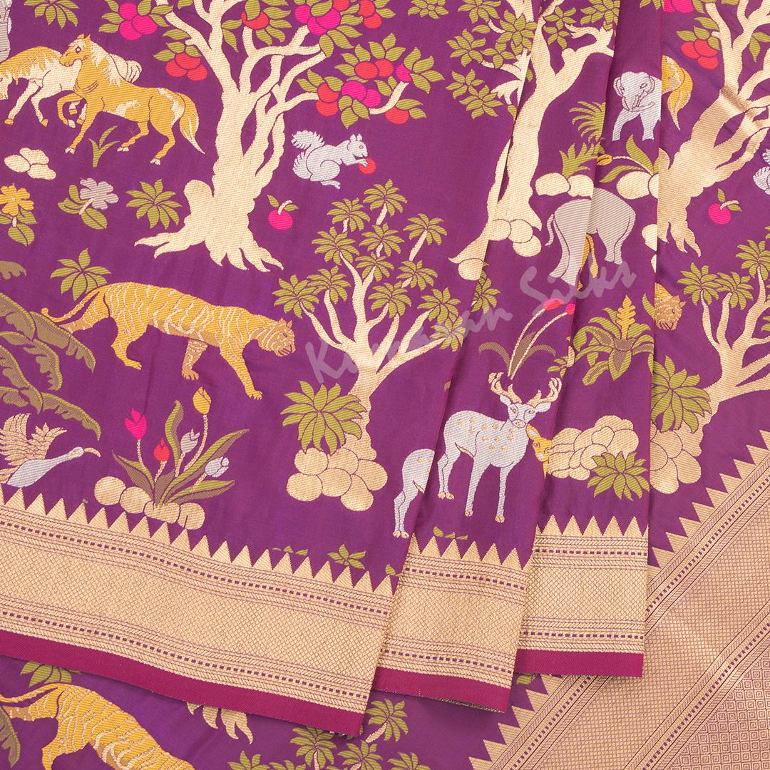 Semi Banaras Purple Zari Worked Saree With Forest Design - Kumaran Silks