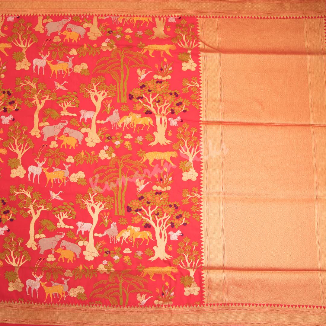 Semi Banaras Red Zari Worked Saree With Forest Design - Kumaran Silks