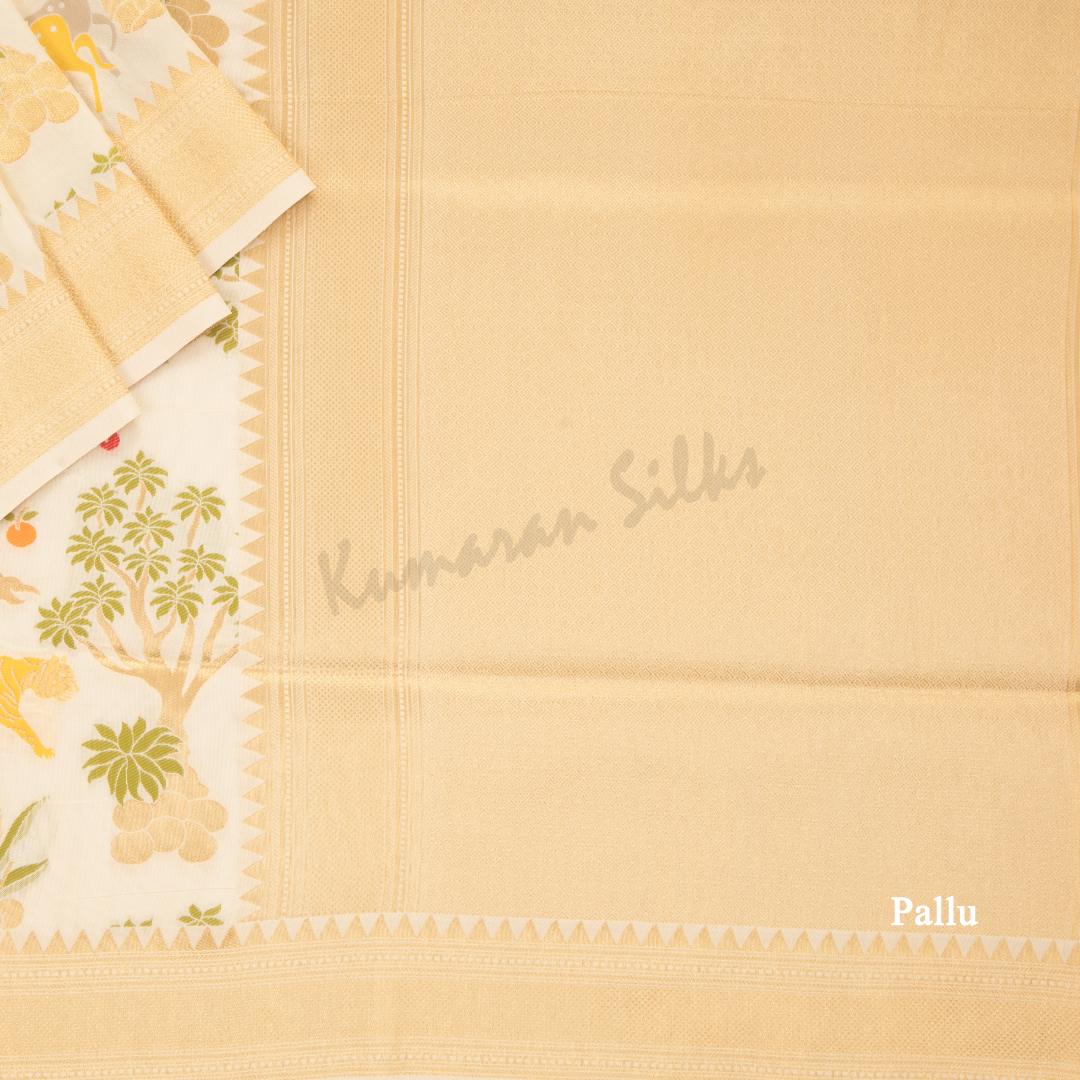 Semi Banaras Cream Zari Worked Saree With Forest Design - Kumaran Silks