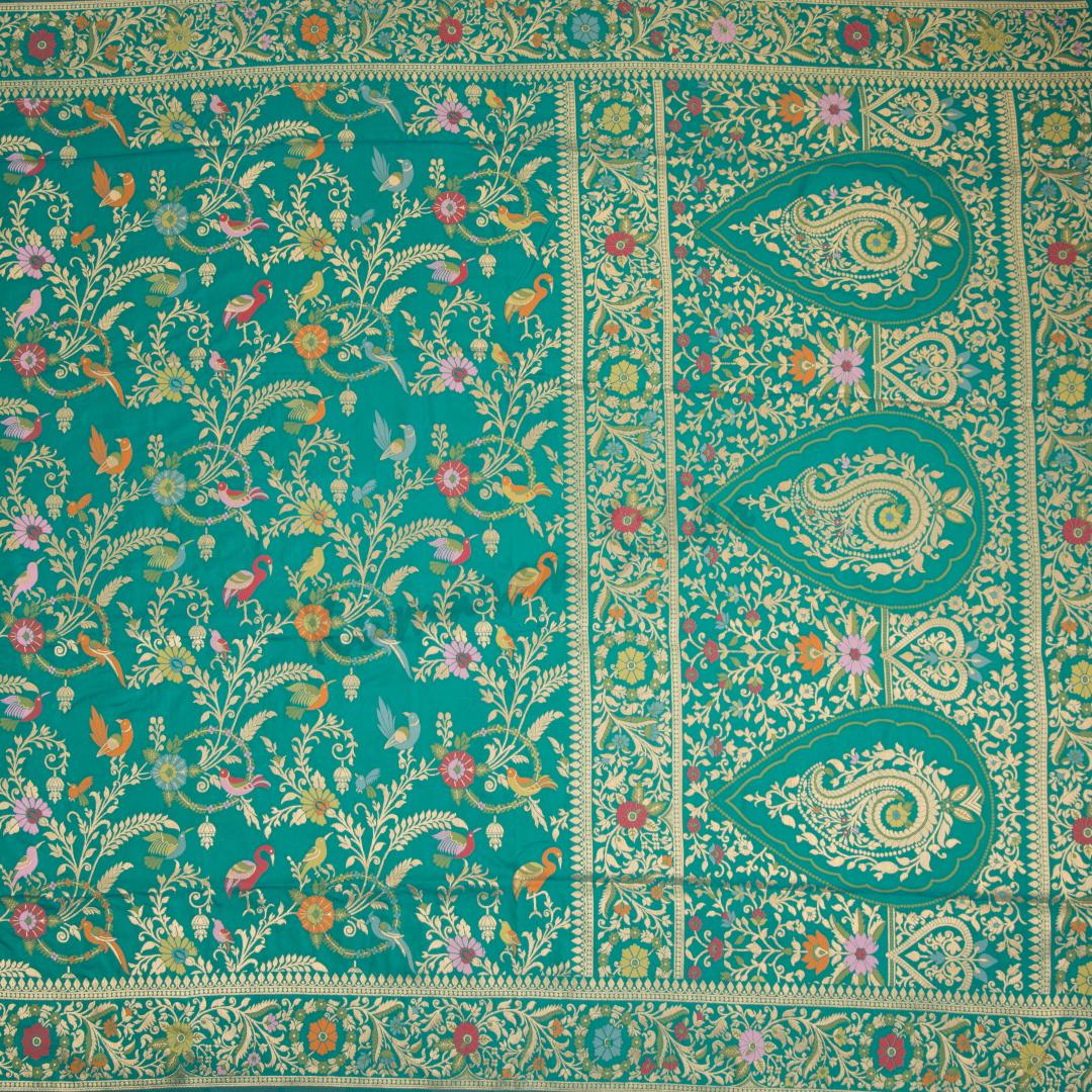 Semi Banaras Peacock Green Zari Worked Saree And Floral With Birds Design - Kumaran Silks