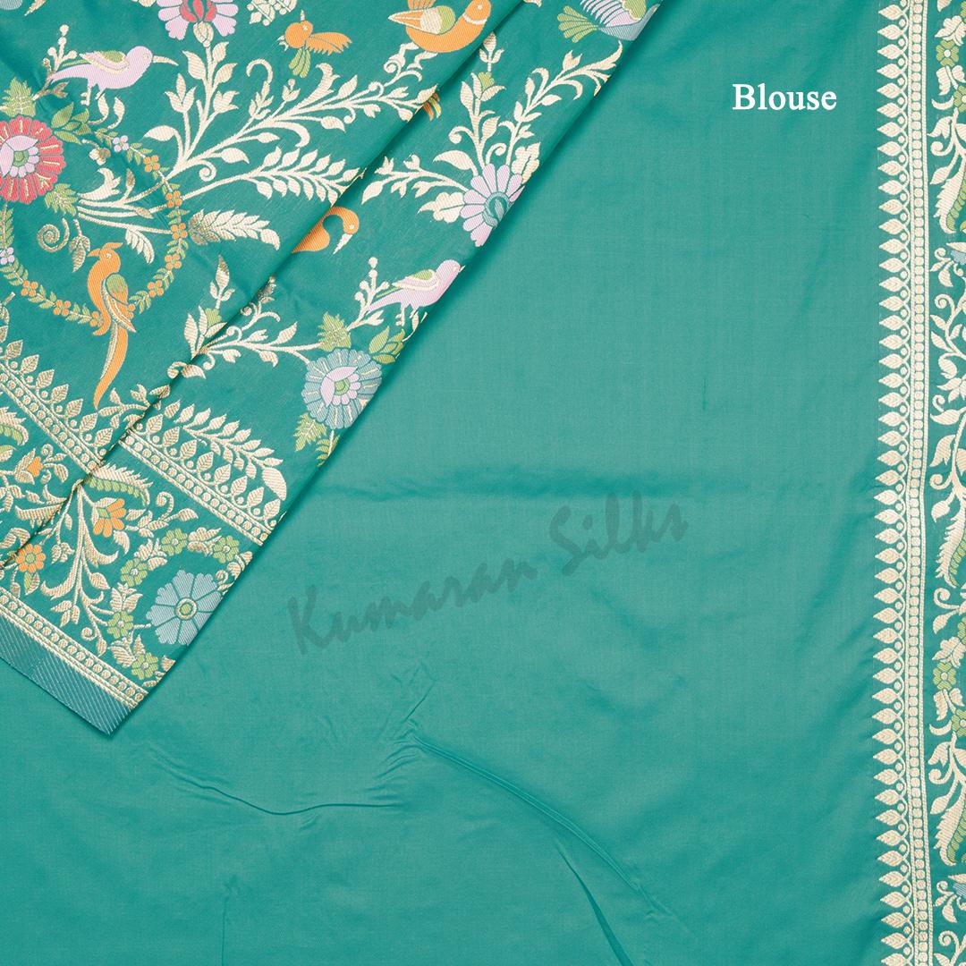 Semi Banaras Peacock Green Zari Worked Saree And Floral With Birds Design - Kumaran Silks