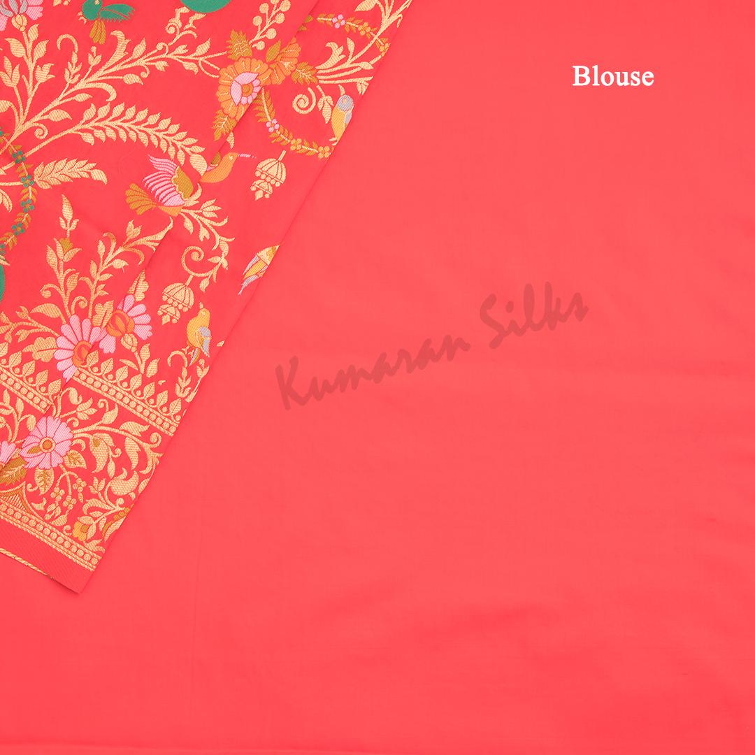 Semi Banaras Red Zari Worked Saree And Floral With Birds Design - Kumaran Silks