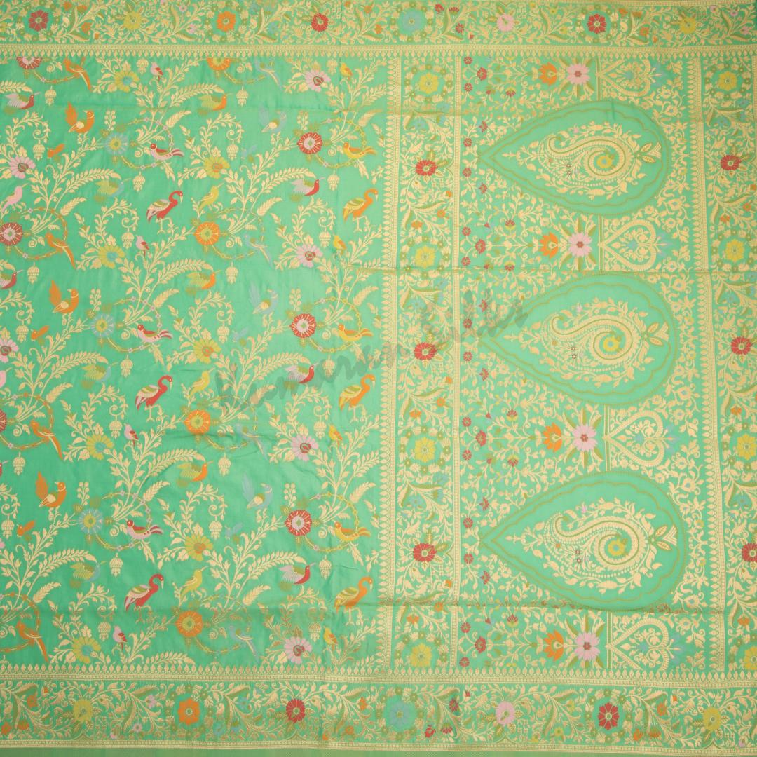 Semi Banaras Jade Green Zari Worked Saree And Floral With Birds Design - Kumaran Silks