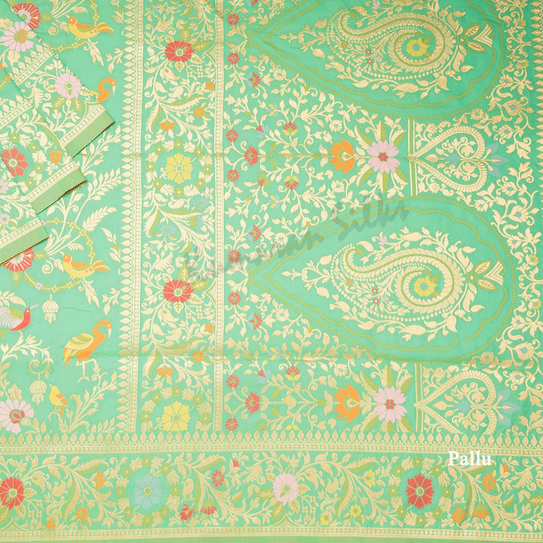 Semi Banaras Jade Green Zari Worked Saree And Floral With Birds Design - Kumaran Silks