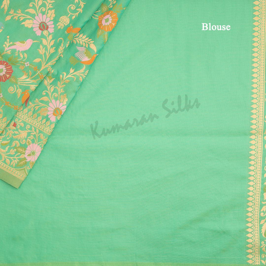 Semi Banaras Jade Green Zari Worked Saree And Floral With Birds Design - Kumaran Silks