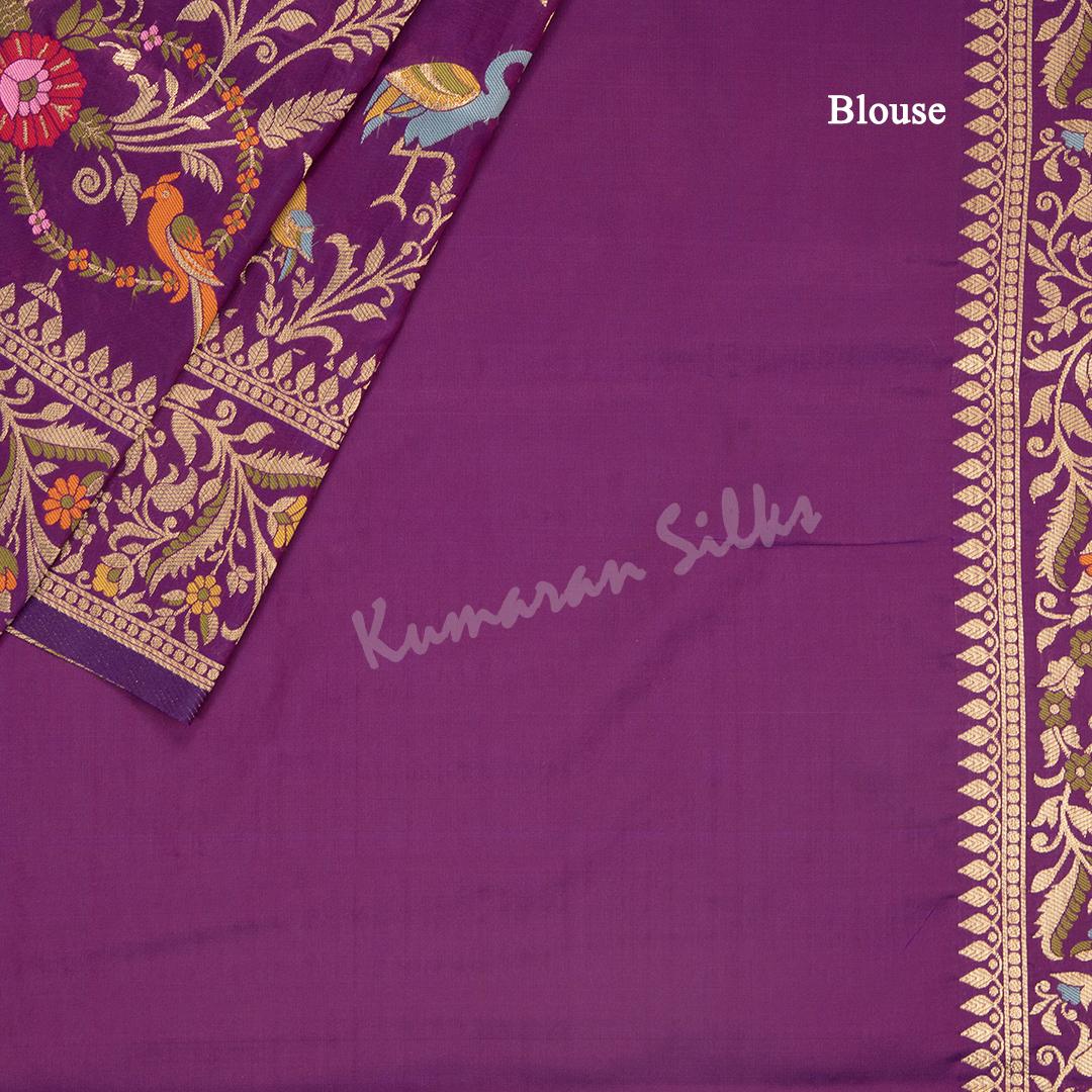 Semi Banaras Purple Zari Worked Saree And Floral With Birds Design - Kumaran Silks