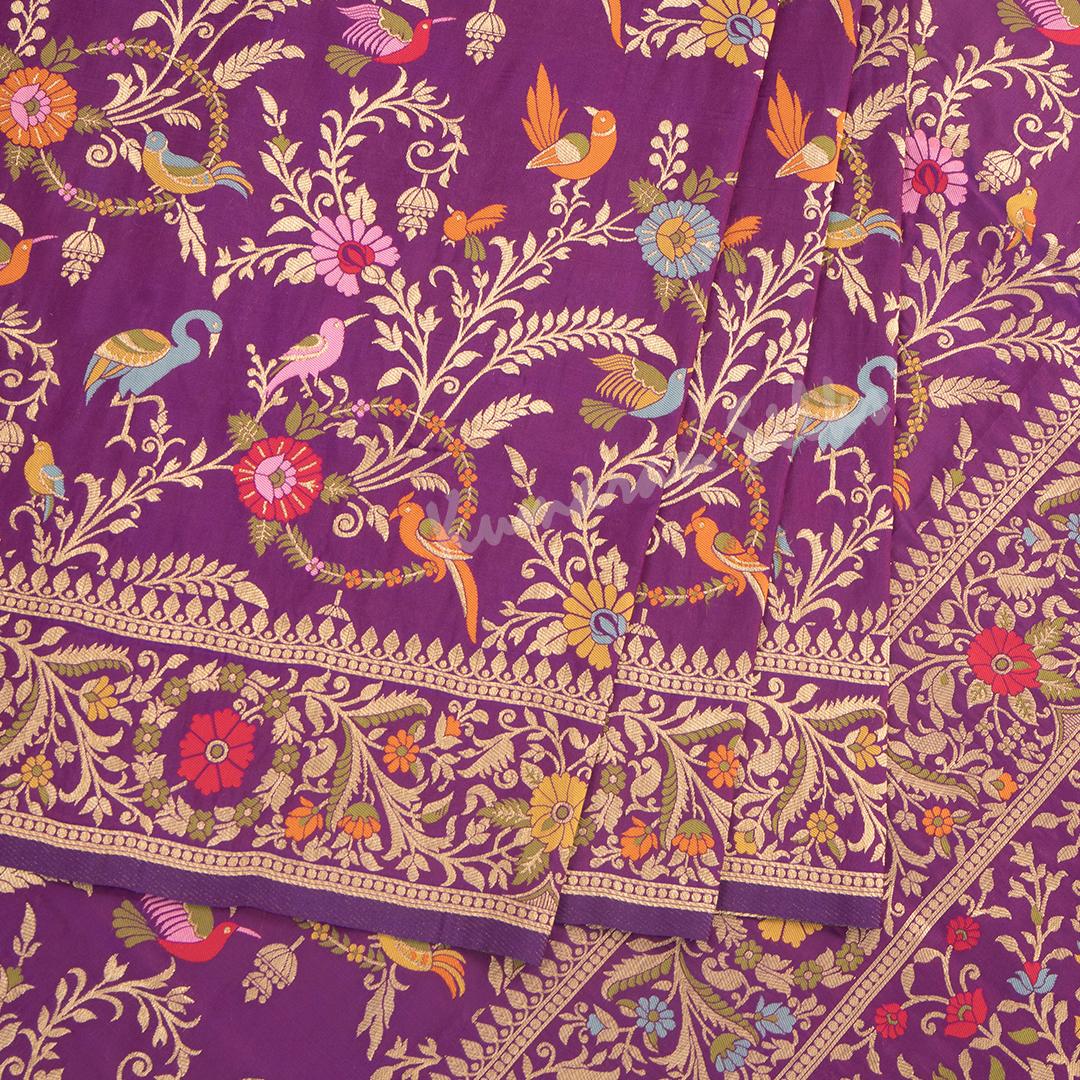 Semi Banaras Purple Zari Worked Saree And Floral With Birds Design - Kumaran Silks