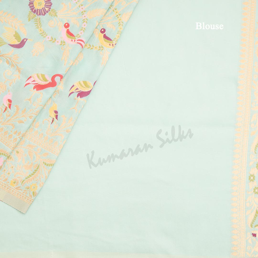 Semi Banaras Powder Blue Zari Worked Saree And Floral With Birds Design - Kumaran Silks