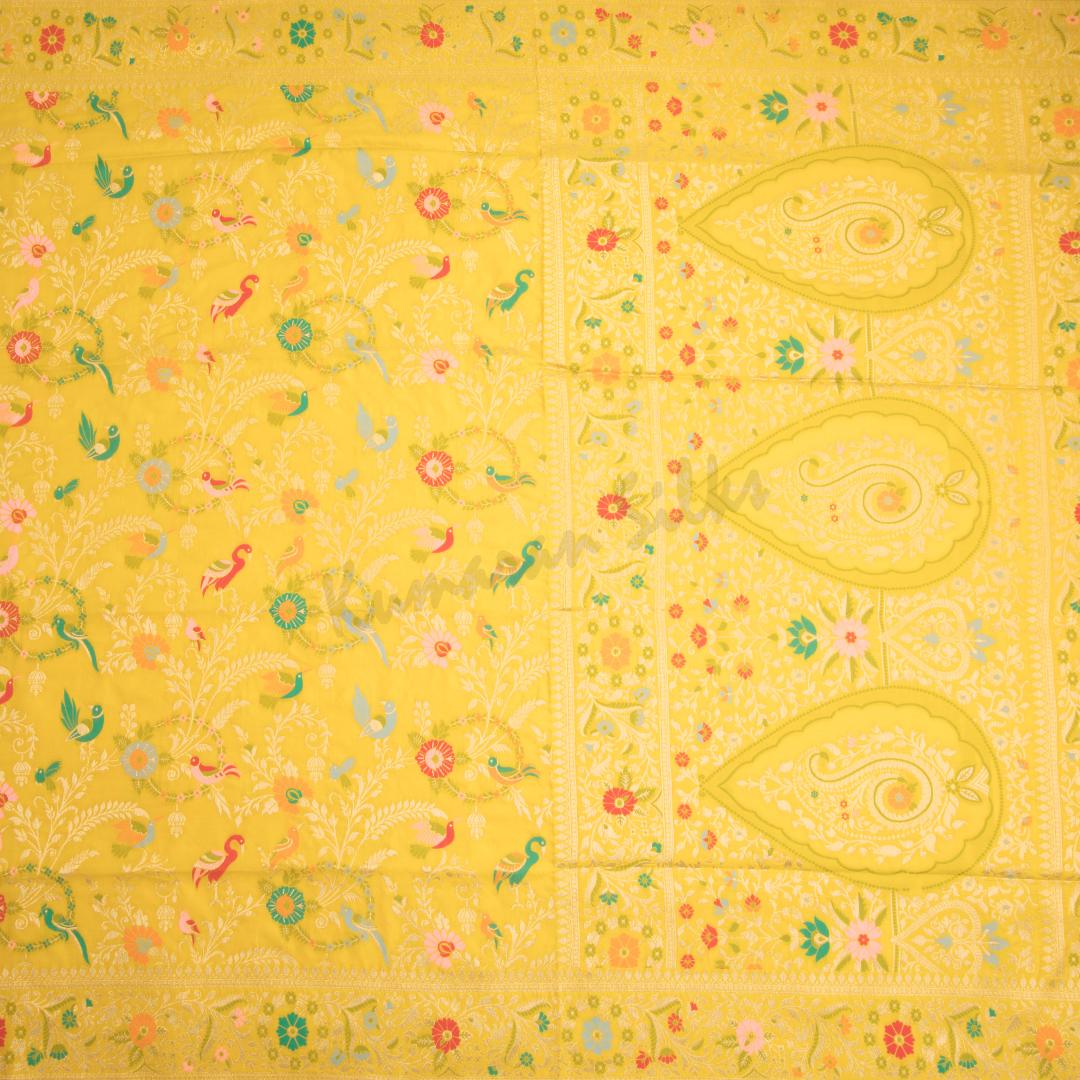 Semi Banaras Yellow Zari Worked Saree And Floral With Birds Design - Kumaran Silks