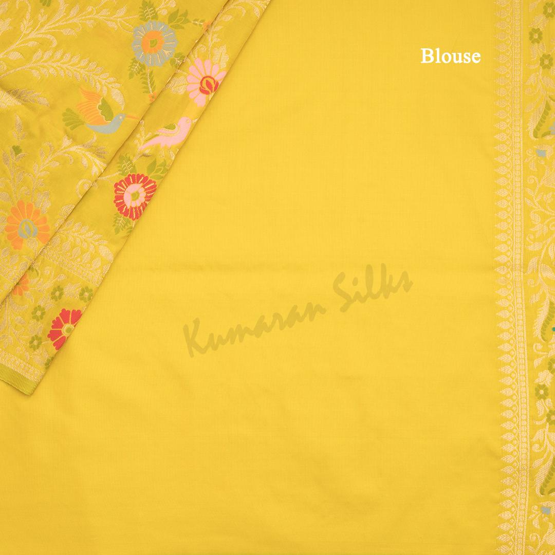 Semi Banaras Yellow Zari Worked Saree And Floral With Birds Design - Kumaran Silks