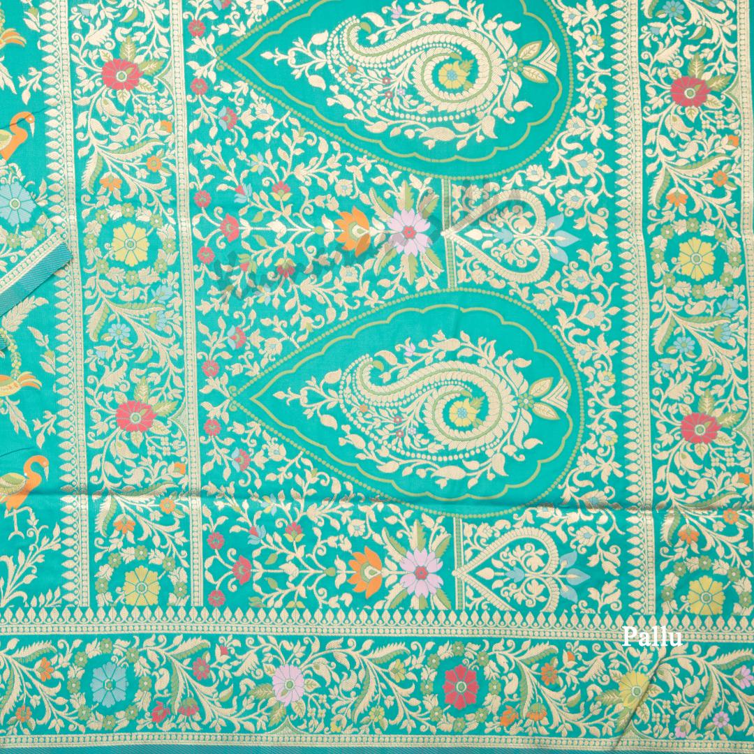 Semi Banaras Turquoise Zari Worked Saree And Floral With Birds Design - Kumaran Silks