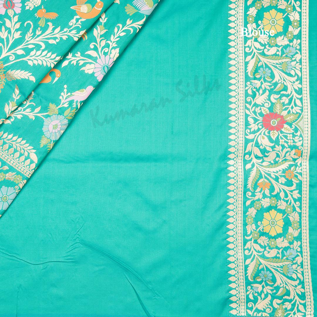 Semi Banaras Turquoise Zari Worked Saree And Floral With Birds Design - Kumaran Silks