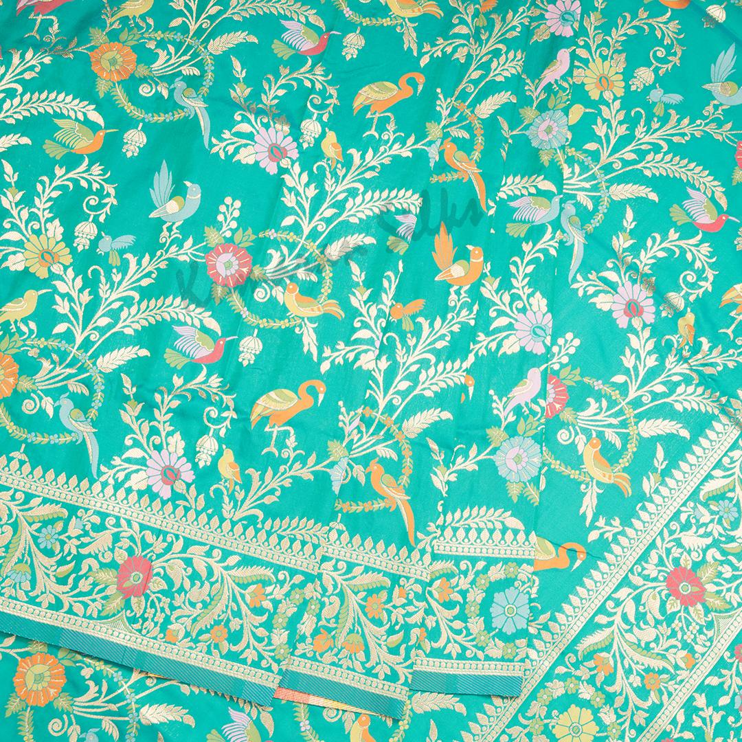 Semi Banaras Turquoise Zari Worked Saree And Floral With Birds Design - Kumaran Silks