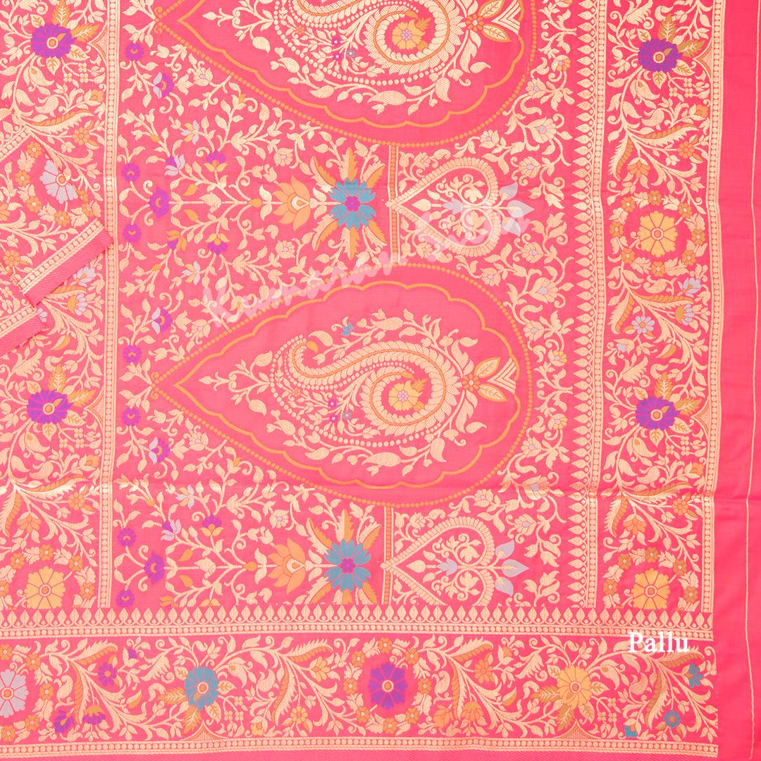 Semi Banaras Rose Pink Zari Worked Saree And Floral With Birds Design - Kumaran Silks