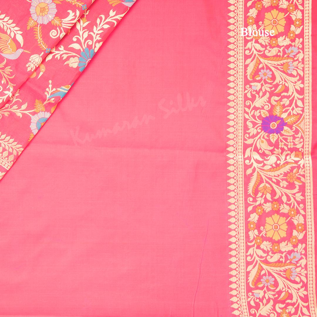 Semi Banaras Rose Pink Zari Worked Saree And Floral With Birds Design - Kumaran Silks