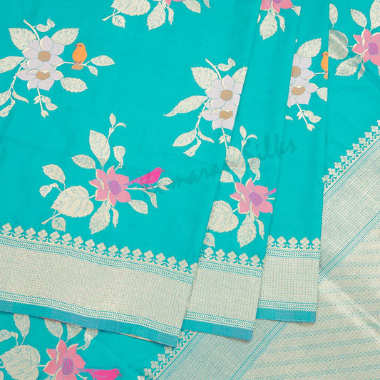 Semi Banaras Cyan Blue Thread Embossed Saree With Floral Design - Kumaran Silks