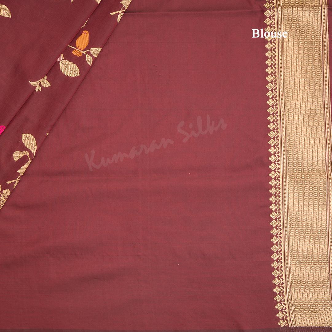 Semi Banaras Maroon Thread Embossed Saree With Floral Design - Kumaran Silks