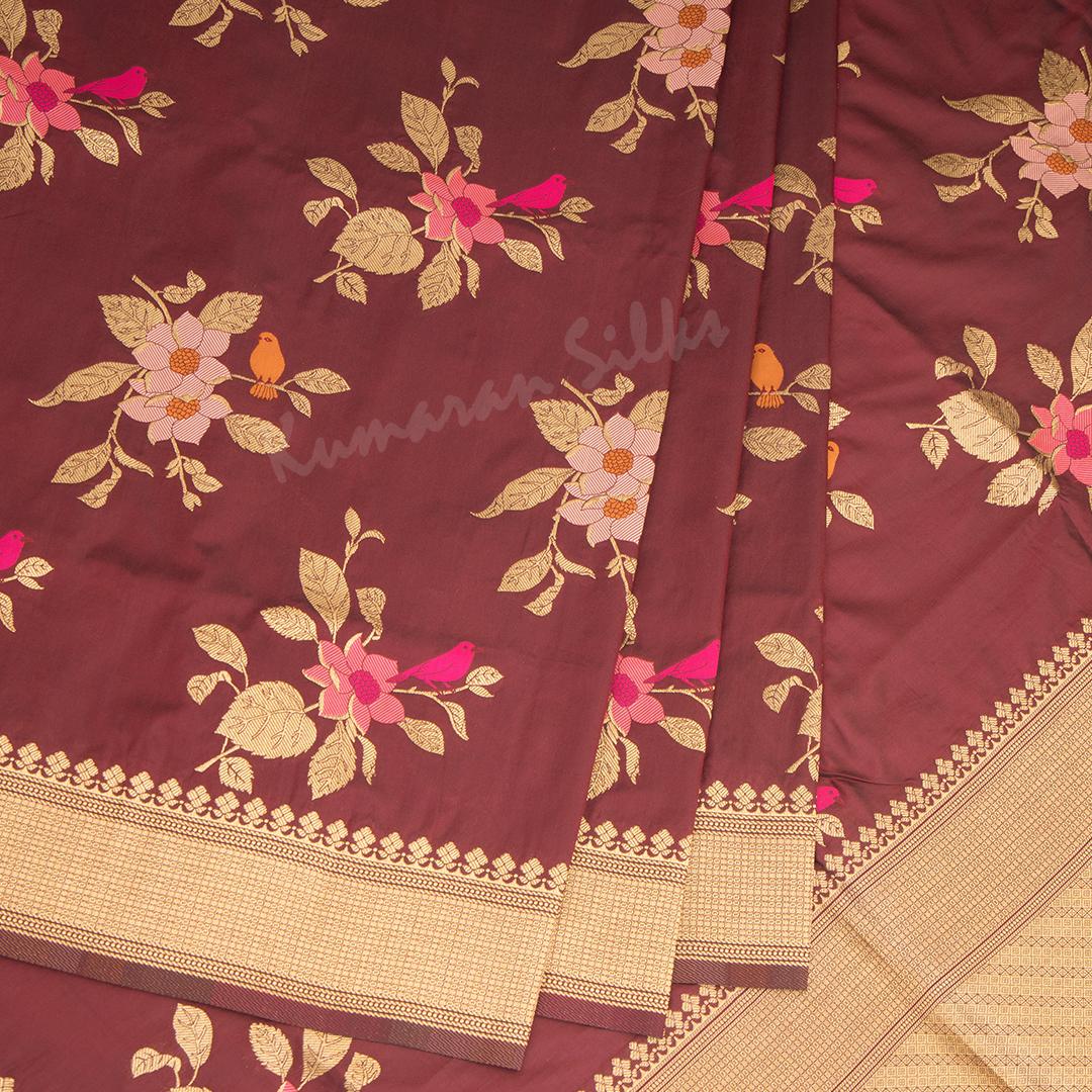 Semi Banaras Maroon Thread Embossed Saree With Floral Design - Kumaran Silks