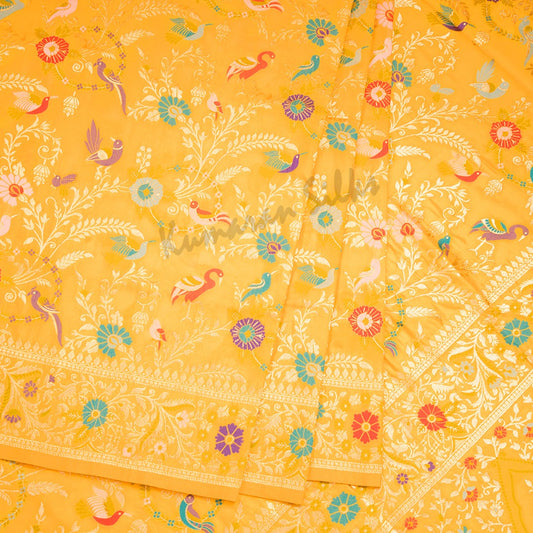 Semi Banaras Mango Yellow Zari Worked Saree And Floral With Birds Design