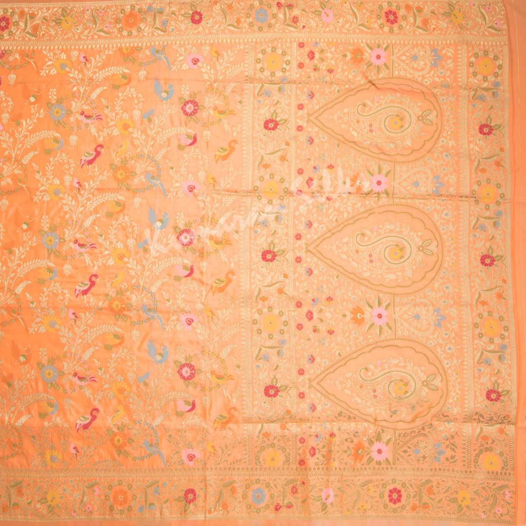 Semi Banaras Peach Zari Worked Saree And Floral With Birds Design