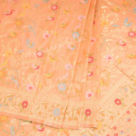 Semi Banaras Peach Zari Worked Saree And Floral With Birds Design