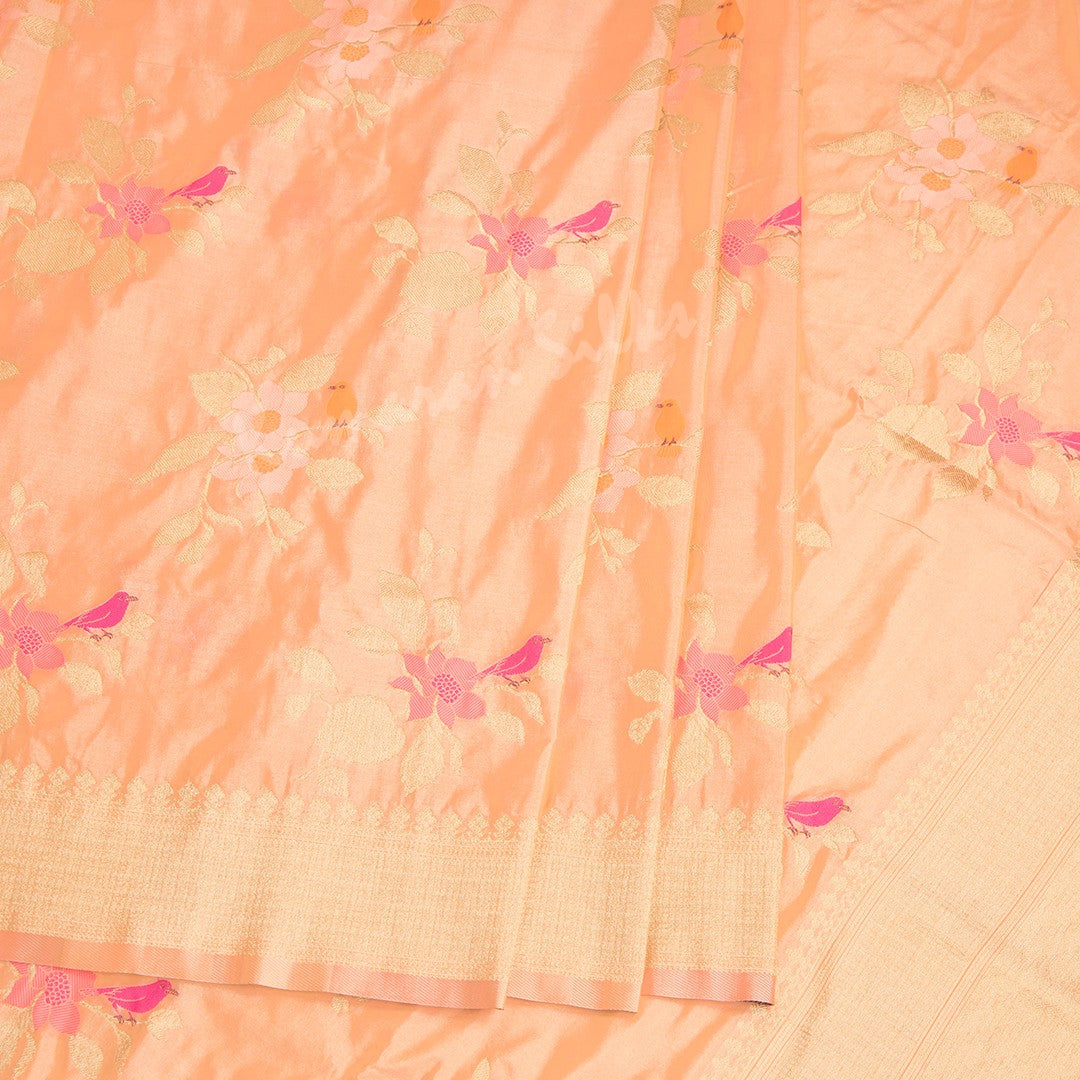 Semi Banaras Peach Thread Embossed Saree With Floral Design