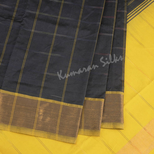 Semi Silk Cotton Dark Grey Checked Saree 02 - Kumaran Silks