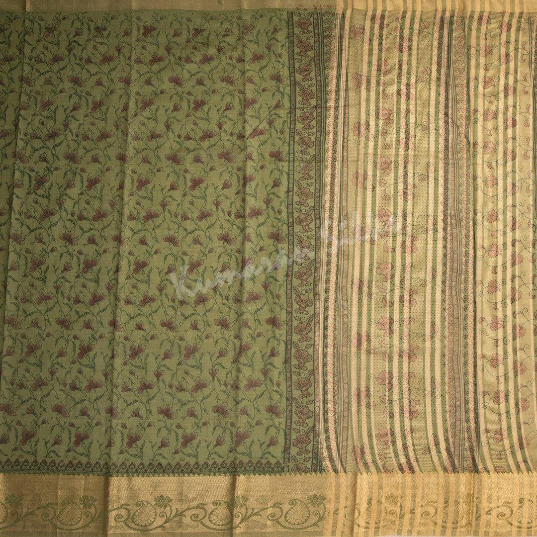 Chanderi Cotton Printed Olive Green Saree 02 - Kumaran Silks